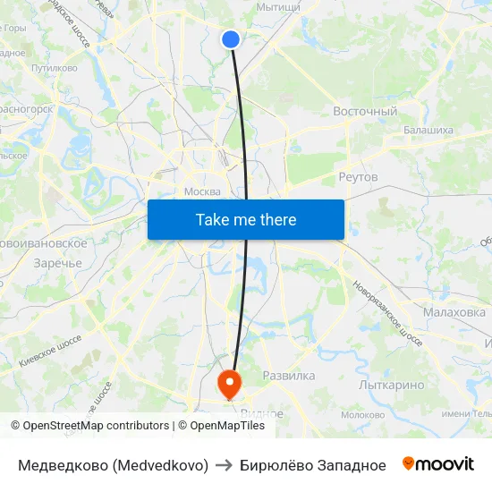 Медведково (Medvedkovo) to Бирюлёво Западное map