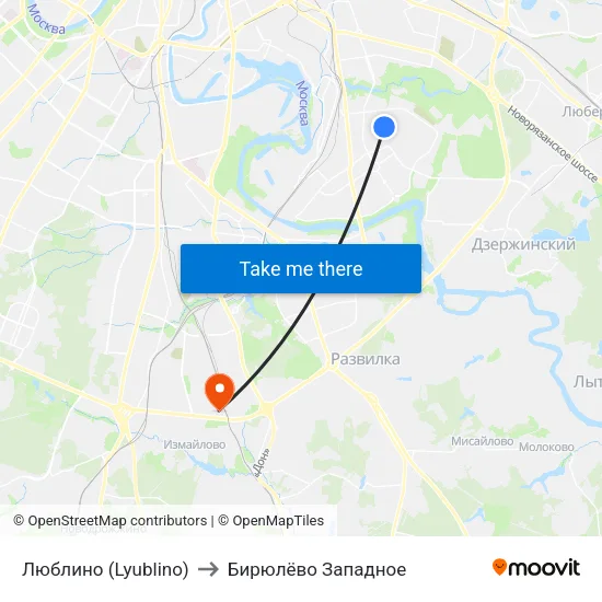 Люблино (Lyublino) to Бирюлёво Западное map