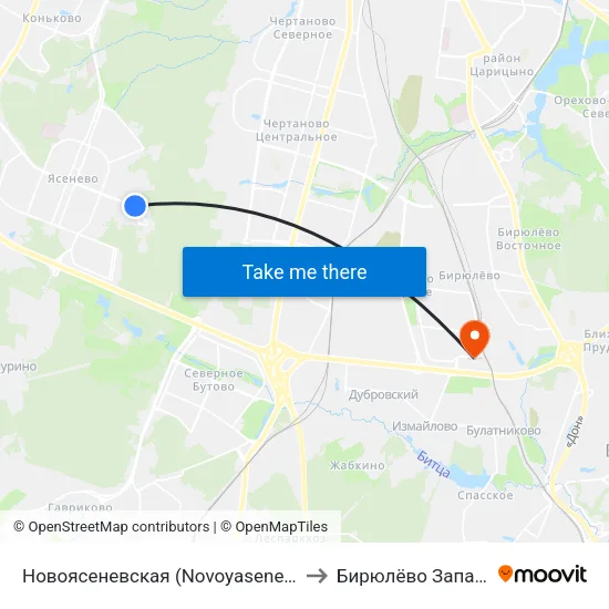 Новоясеневская (Novoyasenevskaya) to Бирюлёво Западное map