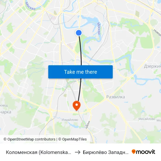Коломенская (Kolomenskaya) to Бирюлёво Западное map