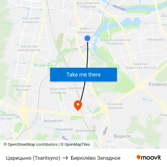 Царицыно (Tsaritsyno) to Бирюлёво Западное map