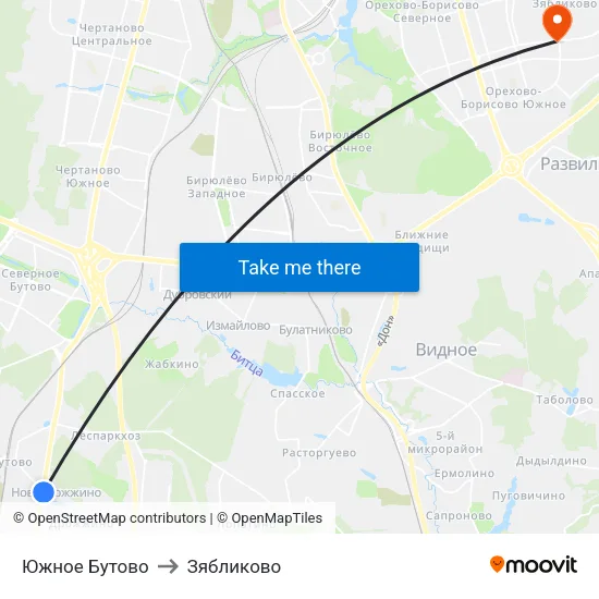 Южное Бутово to Зябликово map
