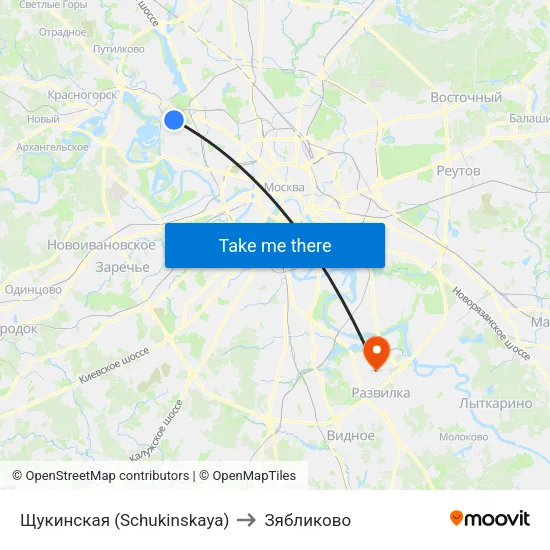 Щукинская (Schukinskaya) to Зябликово map