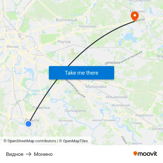Видное to Монино map