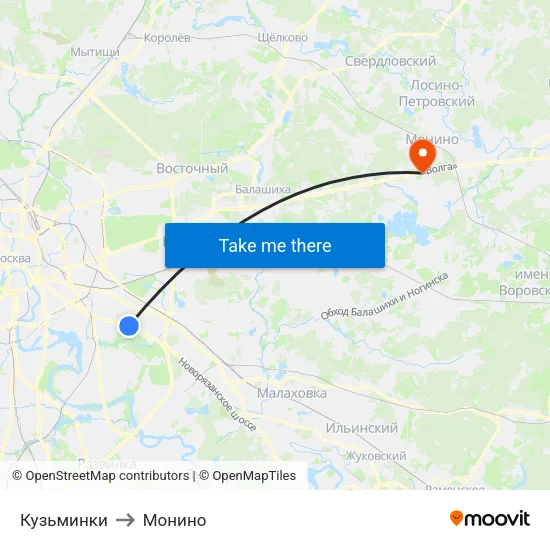 Кузьминки to Монино map