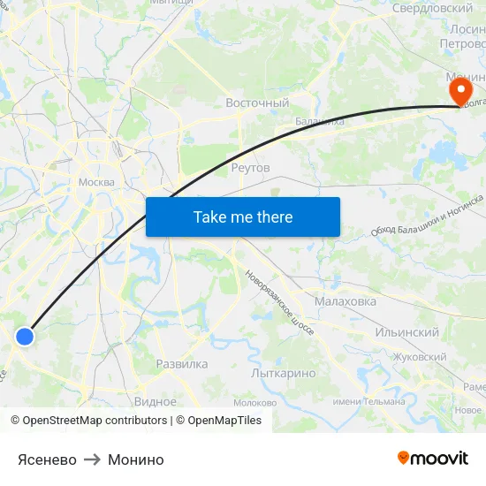 Ясенево to Монино map