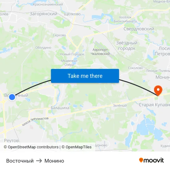 Восточный to Монино map