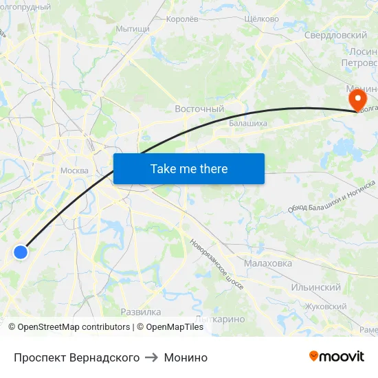 Проспект Вернадского to Монино map