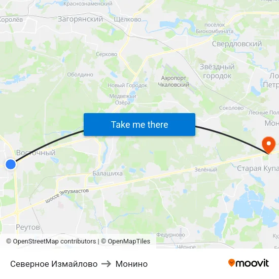 Северное Измайлово to Монино map