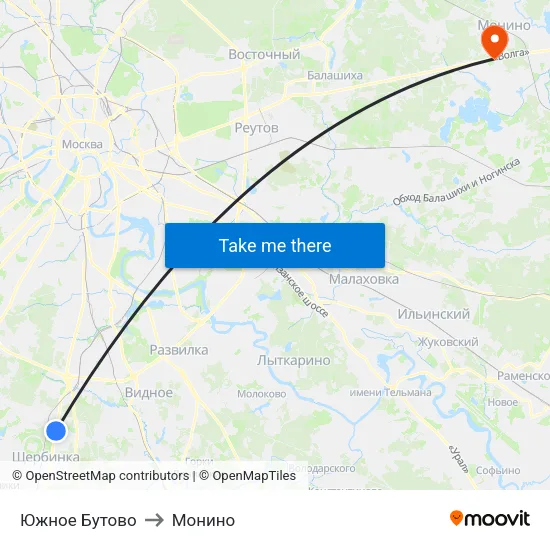 Южное Бутово to Монино map