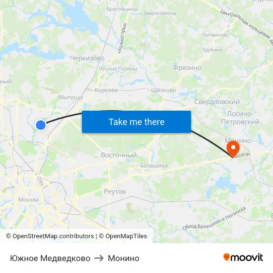 Южное Медведково to Монино map