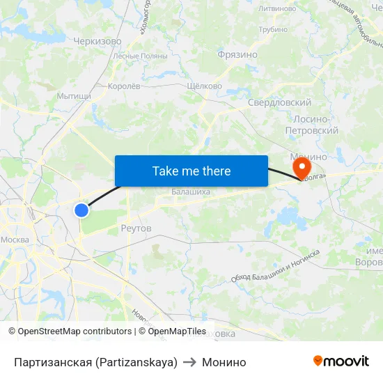Партизанская (Partizanskaya) to Монино map