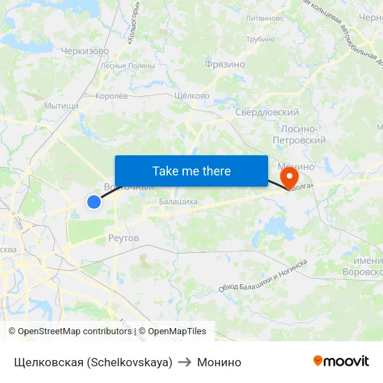 Щелковская (Schelkovskaya) to Монино map