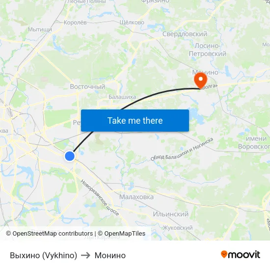 Выхино (Vykhino) to Монино map