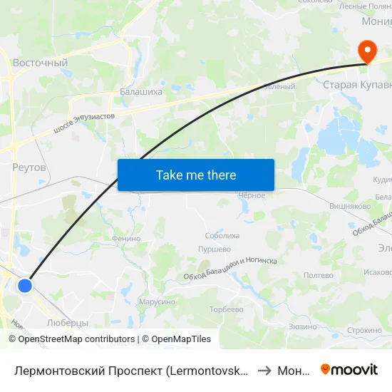 Лермонтовский Проспект (Lermontovsky Prospekt) to Монино map