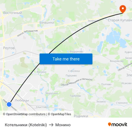 Котельники (Kotelniki) to Монино map