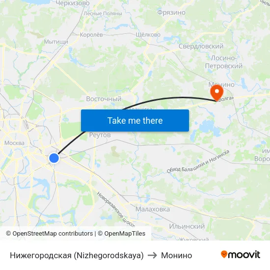 Нижегородская (Nizhegorodskaya) to Монино map