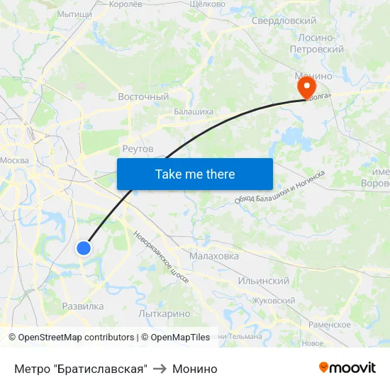 Метро "Братиславская" to Монино map