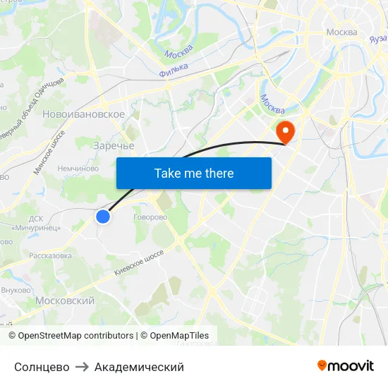 Солнцево to Академический map