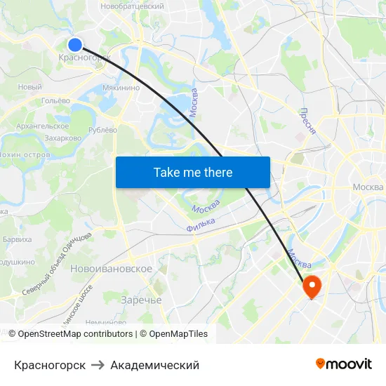 Красногорск to Академический map
