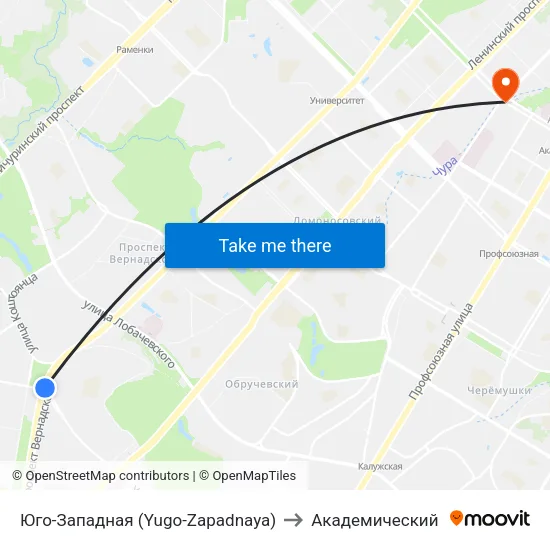 Юго-Западная (Yugo-Zapadnaya) to Академический map