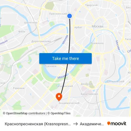 Краснопресненская (Krasnopresnenskaya) to Академический map