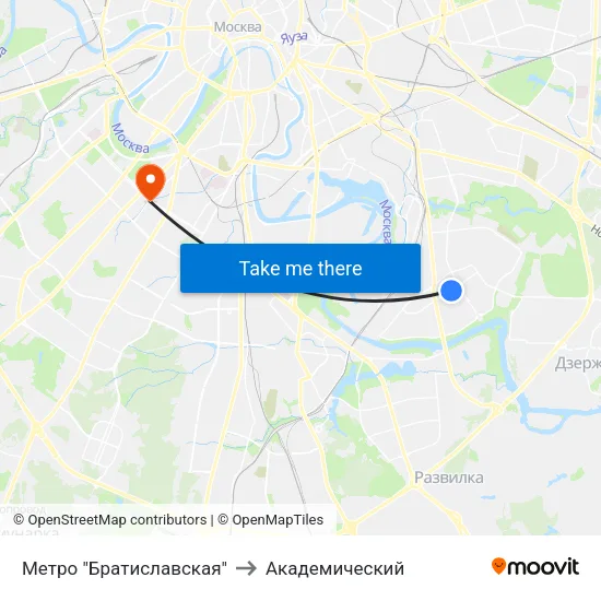 Метро "Братиславская" to Академический map