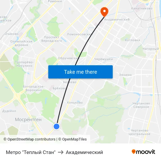 Метро "Теплый Стан" to Академический map