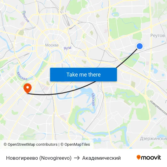 Новогиреево (Novogireevo) to Академический map