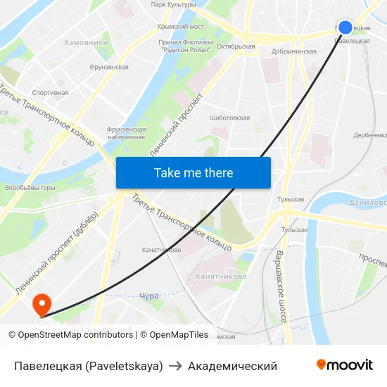 Павелецкая (Paveletskaya) to Академический map
