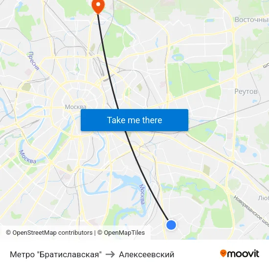 Метро "Братиславская" to Алексеевский map