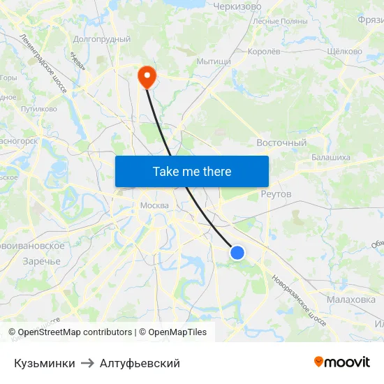 Кузьминки to Алтуфьевский map
