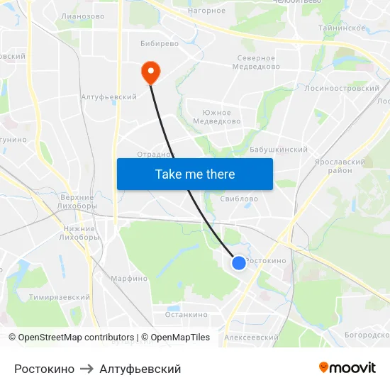 Ростокино to Алтуфьевский map