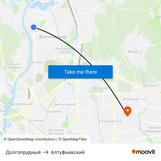 Долгопрудный to Алтуфьевский map