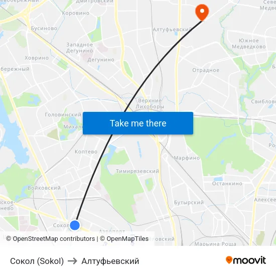 Сокол (Sokol) to Алтуфьевский map