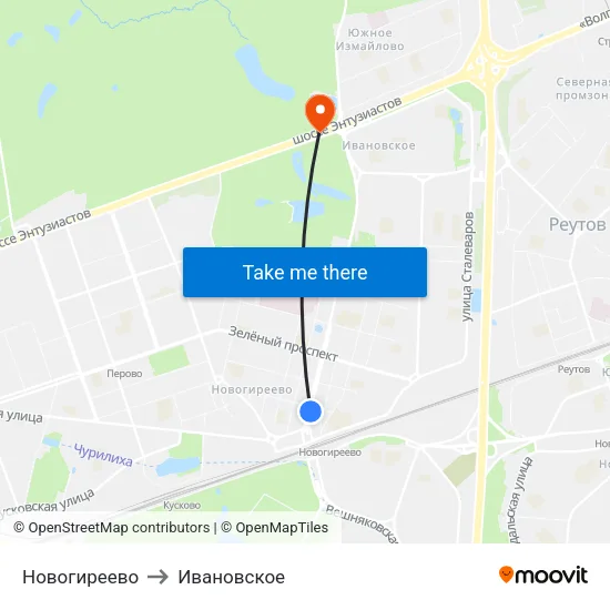Новогиреево to Ивановское map