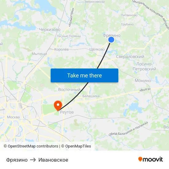 Фрязино to Ивановское map