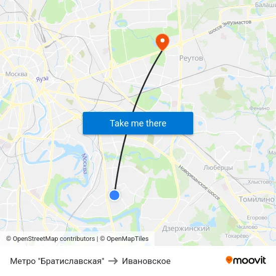 Метро "Братиславская" to Ивановское map