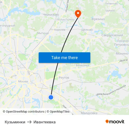 Кузьминки to Ивантеевка map
