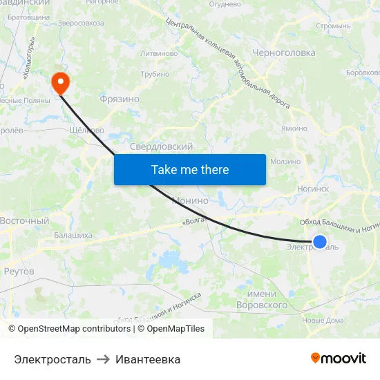 Электросталь to Ивантеевка map