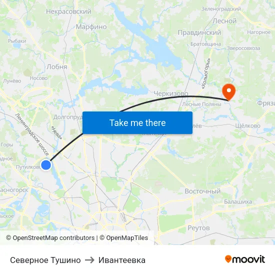 Северное Тушино to Ивантеевка map
