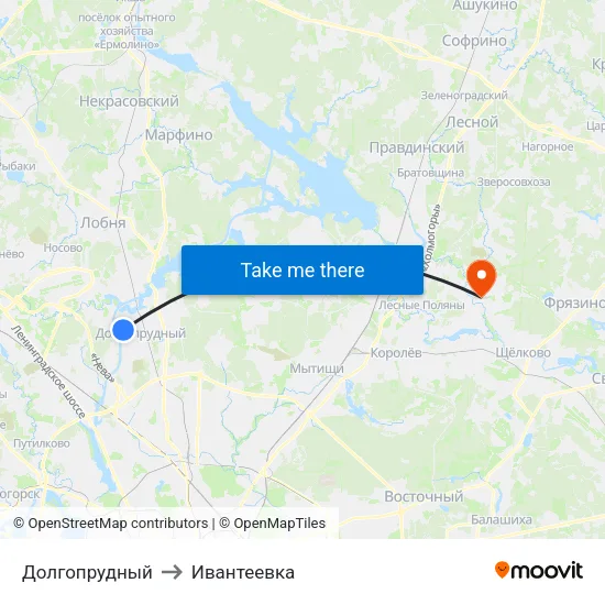 Долгопрудный to Ивантеевка map