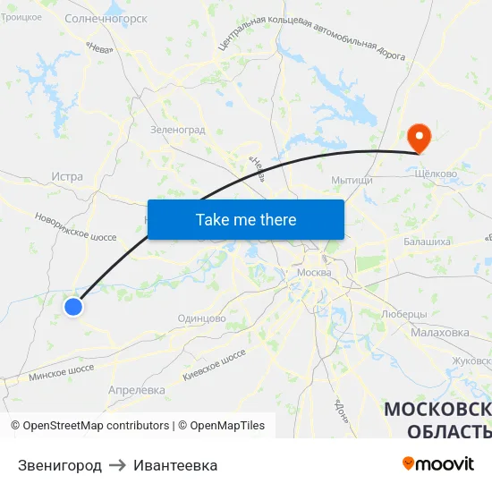 Звенигород to Ивантеевка map