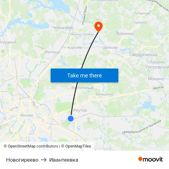 Новогиреево to Ивантеевка map