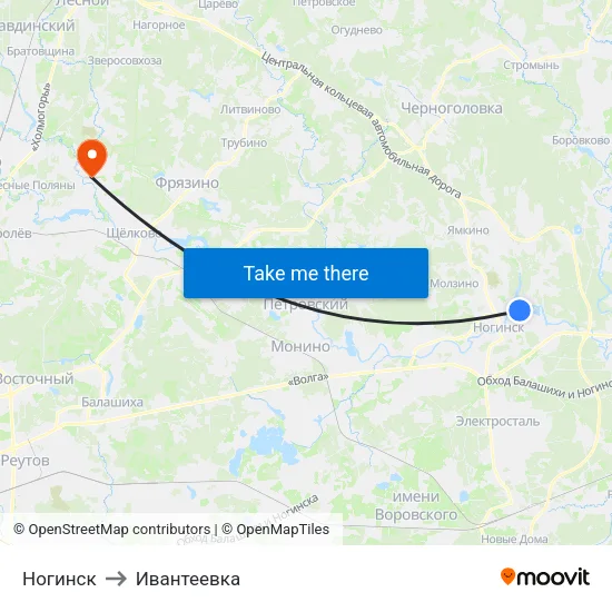 Ногинск to Ивантеевка map