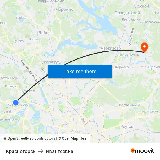 Красногорск to Ивантеевка map