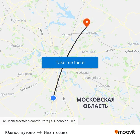 Южное Бутово to Ивантеевка map