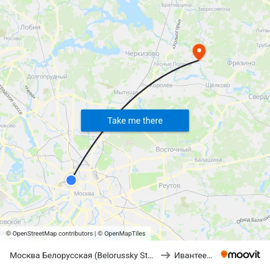 Москва Белорусская (Belorussky Station) to Ивантеевка map
