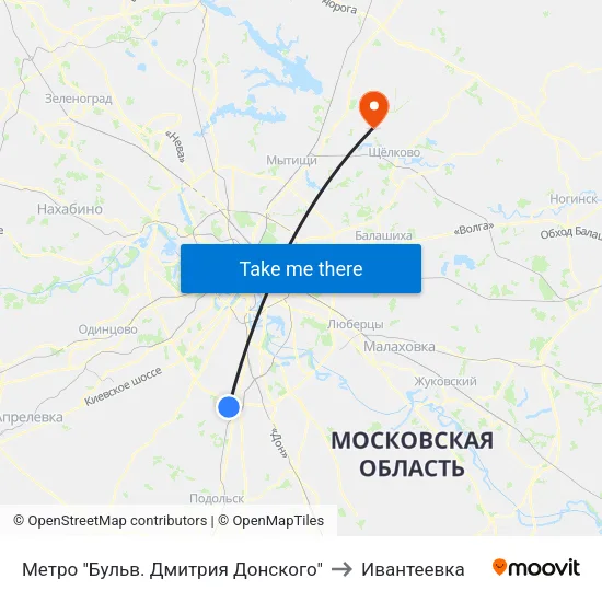 Метро "Бульв. Дмитрия Донского" to Ивантеевка map