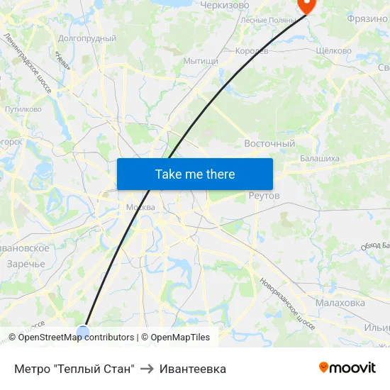 Метро "Теплый Стан" to Ивантеевка map